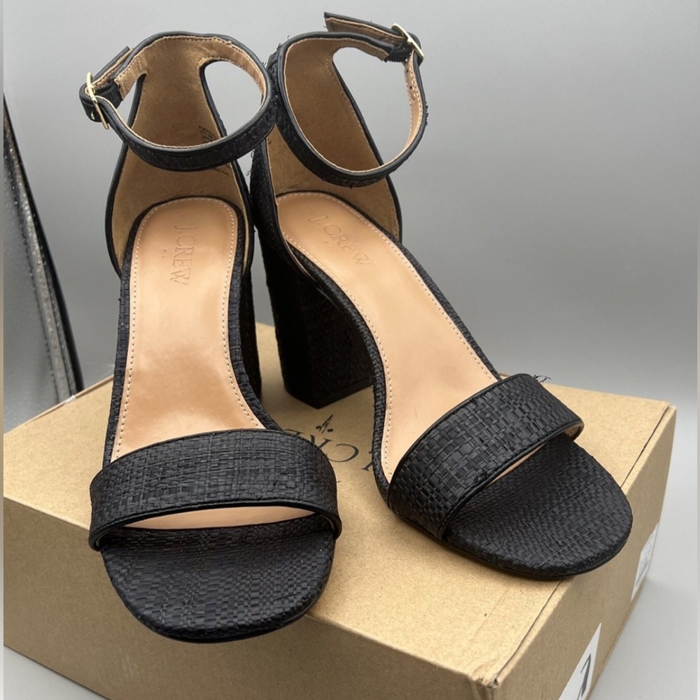 J. Crew Raffia Black Textured Heeled Sandals